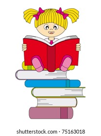 Happy girl reading a book. Editable vector background with white
