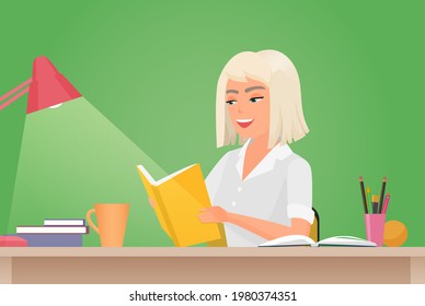 Happy girl reading book, education vector illustration. Cartoon young woman student character sitting at desk to read literary work, story books and study, lamp textbooks pencils on table background