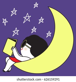 A Happy Girl Is Reading Book On The Moon Concept Card Character illustration