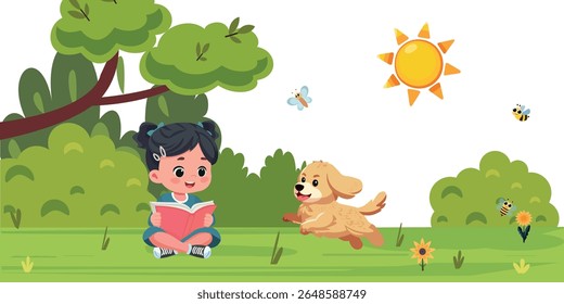 happy girl reading a book in the park with dog running next to her cartoon vector illustration