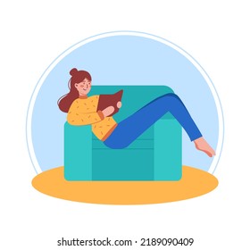 A happy girl reading a book and relaxing in a couch with a smile. Vector flat illustration isolated on a white background