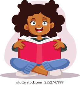 
Chica feliz leyendo una Ilustración vectorial de libro de cuento de hadas. Alegre y relajado pequeño lector sosteniendo una novela para su edad 
