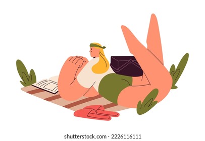 Happy girl reading paper book, lying on picnic blanket on summer holiday. Woman reader relaxing, resting with magazine outdoors at leisure time. Flat vector illustration isolated on white background