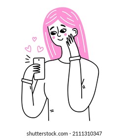 Happy girl reading romantic message on her cellphone. Vector illustration of doodle female character chatting online. Valentine day and dating concept