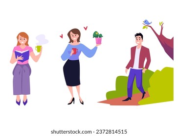 Happy girl reads book, woman enjoys her time with plant pot. Man enjoying a walk in nature. Concept of JOMO lifestyle. Vector flat positive set isolated on white. Joy of missing out, personal comfort