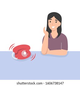 Happy girl receive an incoming call. Flat vector cartoon illustration.