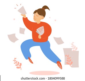 Happy girl received a notification, runs and jumps with a stack of documents. Secretary, accountant. Concept of an idea or creative search, obtaining an important document, flat vector illustration