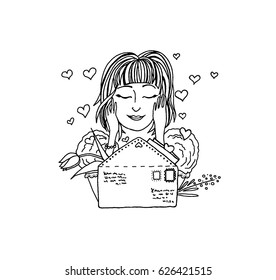 Happy girl receives love letter, cartoon style, hand drawn vector illustration