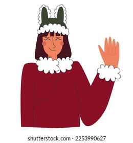 Happy girl in red asian clothes and green rabbit hat - symbol of year smile and wave hand. Vector stock illustration isolated on white background in flat style