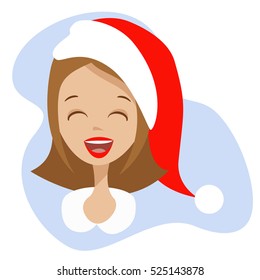 Happy girl in the red hat of Santa Claus. Vector character illustration. laughing Christmas avatar woman face. Beautiful girl face with cheerful emotion.