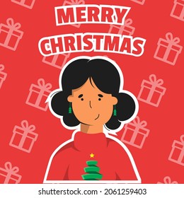 Happy girl with red sweater and background for Christmas greeting card, invitation or poster