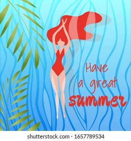 Happy girl in a red swimsuit swims on her back in a beautiful calm sea. Palm tree branches are reflected in the water. Lettering Great summer. Flat style