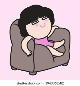 Happy Girl Relax Sitting On Big Comfy Couch Concept Card Character Illustration