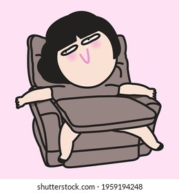 Happy Girl Relax Sitting And Slowly Sinking Into Big Comfy Couch Concept Card Character Illustration