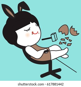 Happy Girl Relaxing After Having Easter Chocolate Egg Concept Card Character illustration