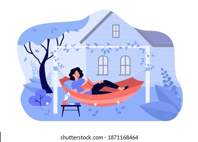 Happy girl relaxing in backyard, lying in hammock and reading book. Vector illustration for leisure, summer vacation, home garden concept