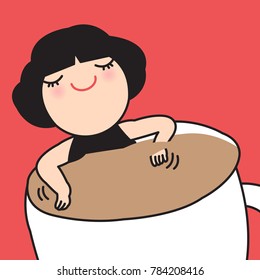 Happy Girl Relaxing In A Cup Of Coffee Concept Card Character illustration