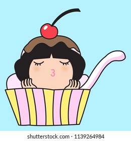 Happy Girl Relaxing In A Cup Of Icecream. Concept Of Ice cream Lovers Card Character illustration