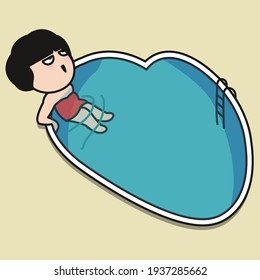 Happy Girl Relaxing Herself In Heart Shaped Pool. Resting Heart Concept Card Charcter illustration