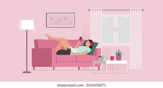 Happy girl relaxing on the couch at home and social networking with her smartphone