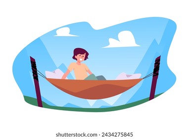 Happy girl relaxing while sitting in a hammock, flat vector scene. Character in a hammock against the background of blue mountains. Outdoor recreation concept, isolated background.