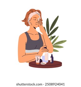 Garota feliz remove maquiagem, visão do rosto. Jovem mulher lavando a pele com produto de cuidados com a pele. A pessoa se preocupa com a beleza com cosméticos orgânicos. Ilustração de vetor isolado plano sobre fundo branco