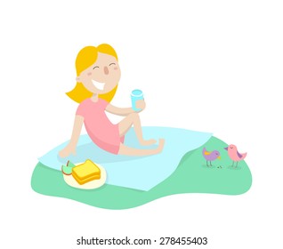 A happy girl is resting at a picnic. Flat design. Vector illustration.