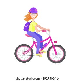 Happy girl rides a bicycle wearing a helmet. Cartoon Vector illustration.