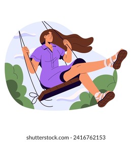 Happy girl rides on swing outdoors. Calm young woman chill, relax in park. Person rests on nature in summer. Life harmony, inspiration concept. Flat isolated vector illustration on white background