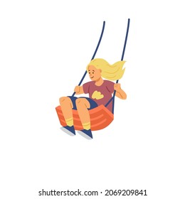 Happy girl rides swing, flat vector illustration isolated on white background. Child or teenager plays and has fun on playground. Concept of childhood.