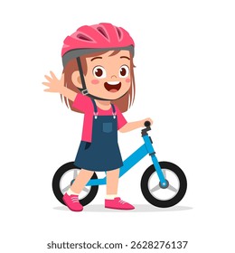 Happy girl riding a balance bike wearing a helmet waving hand cheerfully in cartoon style design