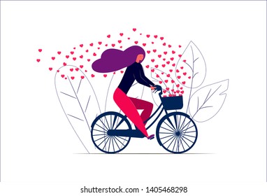 Happy girl riding a bicycle with hearts flying away in the wind. Trendy vector illustration with cute young woman on the bike.