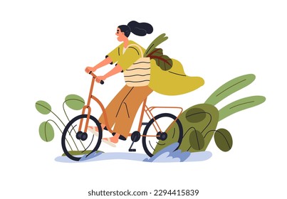 Happy girl riding bicycle in summer. Young woman cyclist with tote bag cycling bike after green shopping. Active eco-friendly lifestyle concept. Flat vector illustration isolated on white background