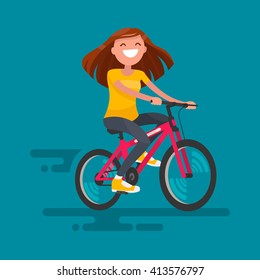 Happy girl riding a bicycle. Vector illustration