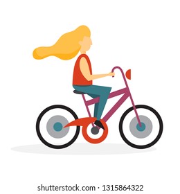 Happy girl riding a bike. Female character alone. Summer biking activity. Vector illustration in cartoon style