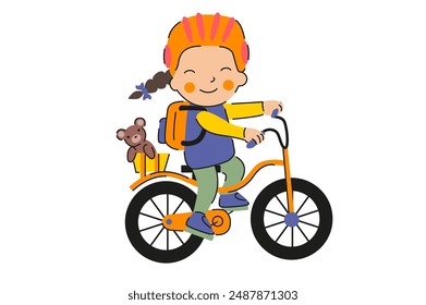 Happy girl riding a bike. Kid wearing a helmet and riding a bicycle. Child road safety concept. 
