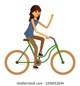 Happy girl riding a bike. Nature conservation. vector flat illustration