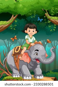 Happy Girl Riding Elephant in the Jungle illustration