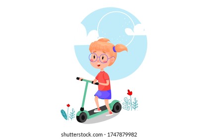 Happy girl riding on scooter vector cartoon illustration. Summer holidays outdoor activities for children. Vector illustration on white isolated background.