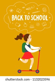 Happy girl riding on skate to school. Including doodle drawings. Back to school vector illustration about education.