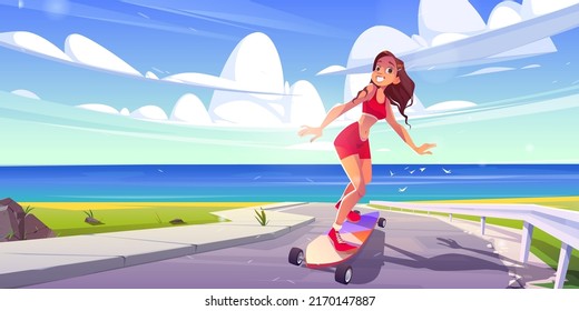 Happy girl riding on skateboard on ocean road. Vector cartoon illustration of summer landscape with blue sea, green grass, asphalt path and young woman skater on longboard