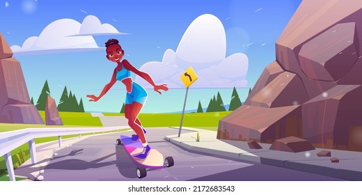 Happy girl riding on skateboard on road. Vector cartoon illustration of summer landscape with mountains, green fields, highway and young african american woman skater on longboard