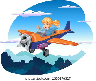 Happy Girl Riding Plane in the Sky illustration