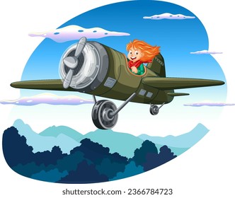 Happy Girl Riding Plane in the Sky illustration
