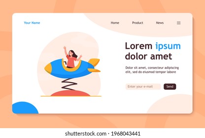 Happy girl riding in toy rocket and smiling. Carousel, fun, child flat vector illustration. Vacation and amusement park concept for banner, website design or landing web page