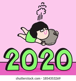Happy Girl WIth A Rock In Hand Jumping On Big Symbol Year 2020 Number. End Of The Year 2020 Concept Card Character illustration