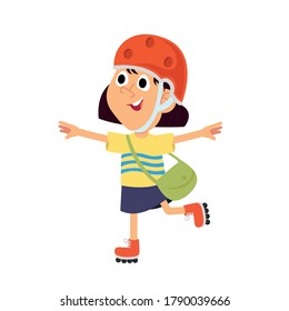 happy girl rollerblading isolated on white background. vector illustration