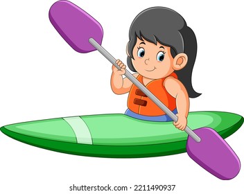 The happy girl is rowing the canoe with the long paddle of illustration