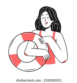 A happy girl with a rubber ring in her hands. The character woman in a linear doodle style. Vector illustration.