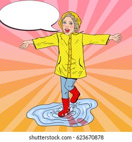 Happy Girl in Rubbers Running on Puddles after Rain. Vector retro illustration